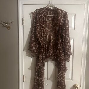 Free People Brown Floral Sheer Ruffle Open Cardigan